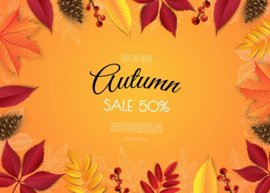 Sonbahar satış broşürleri. Parlak sonbahar yaprakları. Poster, kart, etiket, pankart tasarımı.