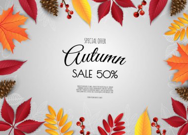 Sonbahar satış broşürleri. Parlak sonbahar yaprakları. Poster, kart, etiket, pankart tasarımı.