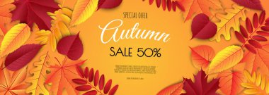 Yaprakların çerçevesinde sonbahar indirimi için afiş. Parlak sonbahar yaprakları.