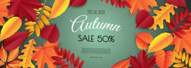 Sonbahar satış broşürleri. Parlak sonbahar yaprakları. Poster, kart, etiket, pankart tasarımı.