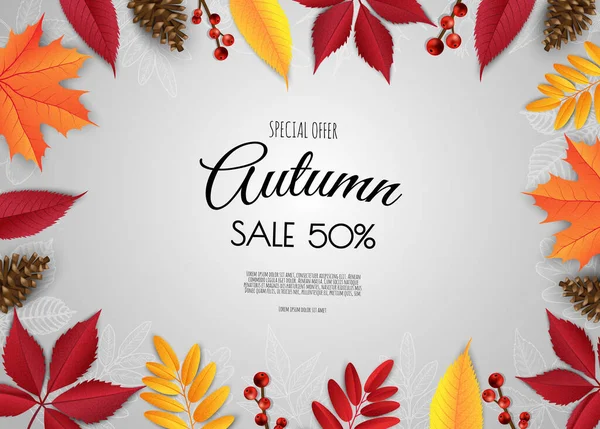 Modèle de prospectus de vente d'automne. Feuilles d'automne brillantes. Affiche, carte, étiquette, dessin de bannière. — Image vectorielle