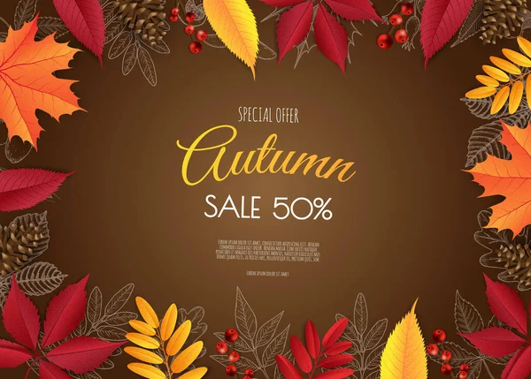 Autumn sale flyer template. Bright fall leaves. Poster, card, label, banner design. — Stock Vector