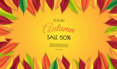 Sonbahar indirimi arka plan tasarımı alışveriş için yapraklarla dekore edilir. Vektör resimleme şablonu.