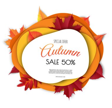 Sonbahar indirimi arka plan tasarımı alışveriş için yapraklarla dekore edilir. Vektör resimleme şablonu.