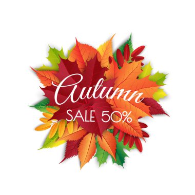 Sonbahar indirimi arka plan tasarımı alışveriş için yapraklarla dekore edilir. Broşür ya da web afişi. Vektör resimleme şablonu.