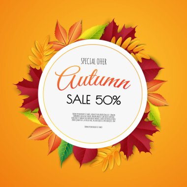 Sonbahar indirimi arka plan tasarımı alışveriş için yapraklarla dekore edilir. Broşür ya da web afişi. Vektör resimleme şablonu.