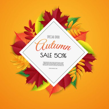 Sonbahar indirimi arka plan tasarımı alışveriş için yapraklarla dekore edilir. Vektör resimleme şablonu.