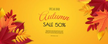 Sonbahar indirimi arka plan tasarımı alışveriş için yapraklarla dekore edilir. Broşür ya da web afişi. Vektör resimleme şablonu.