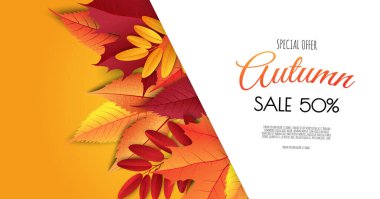 Sonbahar indirimi arka plan tasarımı alışveriş için yapraklarla dekore edilir. Broşür ya da web afişi. Vektör resimleme şablonu.
