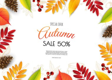 Sonbahar satış broşürleri. Parlak sonbahar yaprakları. Poster, kart, etiket, pankart tasarımı.