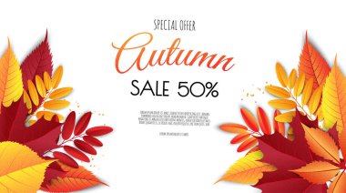 Sonbahar satış broşürleri. Parlak sonbahar yaprakları. Poster, kart, etiket, pankart tasarımı.