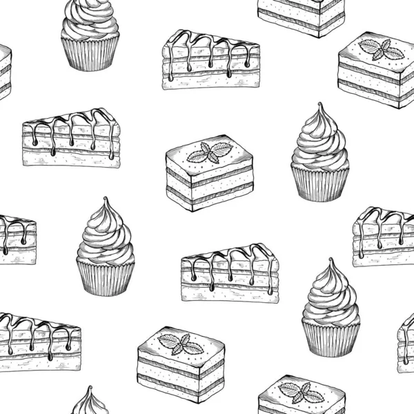 Handgetekend naadloos patroon met desserts. Koekjes, cupcake, koekjes. Het kan worden gebruikt voor stof, bruiloft, verjaardag, ansichtkaart. — Stockvector