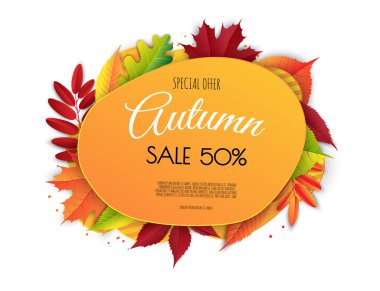 Sonbahar indirimi arka plan tasarımı alışveriş için yapraklarla dekore edilir. Broşür ya da web afişi. Vektör resimleme şablonu.