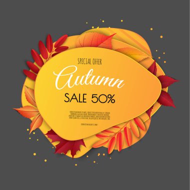 Sonbahar satış broşürleri. Parlak sonbahar yaprakları. Poster, kart, etiket, pankart tasarımı.