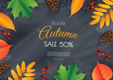 Sonbahar satış broşürleri. Parlak sonbahar yaprakları. Poster, kart, etiket, pankart tasarımı.