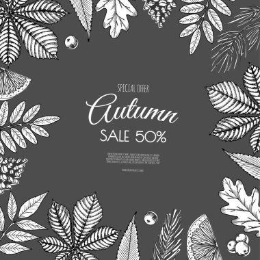 Sonbahar satış broşürleri. Parlak sonbahar yaprakları. Poster, kart, etiket, pankart tasarımı.