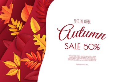 Sonbahar indirimi arka plan tasarımı alışveriş için yapraklarla dekore edilir. Broşür ya da web afişi. Vektör resimleme şablonu.