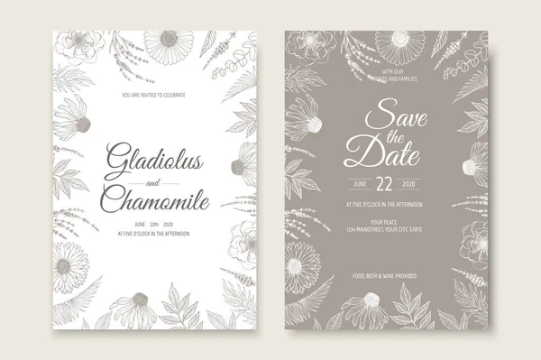 Botanical boda invitación tarjeta plantilla diseño. Diseño floral tierno romántico para la invitación a la boda, guardar la fecha y tarjetas de agradecimiento. — Vector de stock