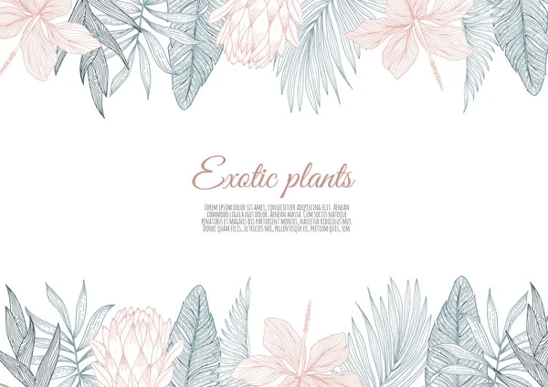 Un cadre de bordure décoré de feuilles et de fleurs de palmier tropical floral — Image vectorielle