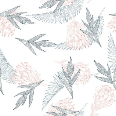 Tropikal yapraklı, soyut, pürüzsüz desen. Vektör şablonu.