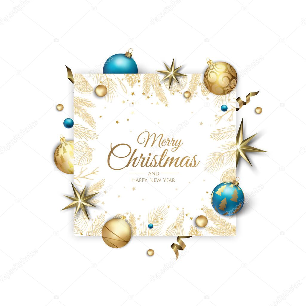 Merry Christmas and Happy New Year Holiday white banner illustration. Xmas design with realistic vector 3d objects, golden and blue christmass ball, snowflake, glitter gold confetti.