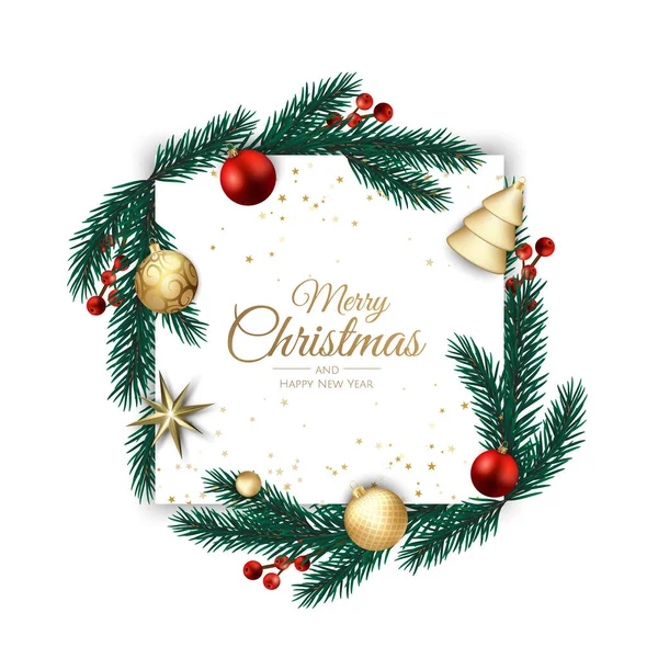 Christmas greeting card with Christmas Tree Decorations, Pine Branches, snowflake and confetti. — Stock Vector