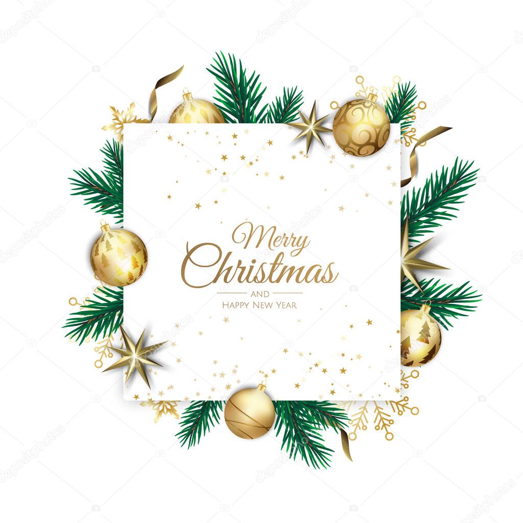Merry Christmas and Happy New Year Holiday white banner illustration. Xmas design with realistic vector 3d objects, golden christmass ball, snowflake, glitter gold confetti.