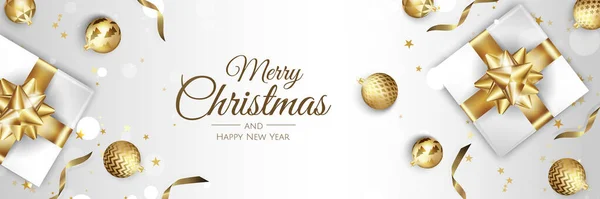 메리 크리스마스, 새해 복 많이 받으세요. Xmas 배경은 Snowflakes, gift, balls. 인사말, 연휴 깃발, 웹 포스터 — 스톡 벡터