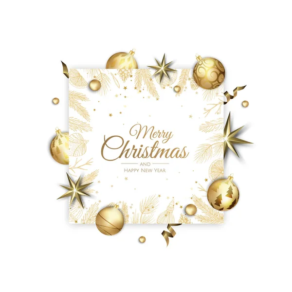 Feliz Navidad y Feliz Año Nuevo ilustración bandera blanca de vacaciones. Diseño de Navidad con objetos 3D vector realista, bola de Navidad de oro, copo de nieve, confeti de oro brillo. — Archivo Imágenes Vectoriales