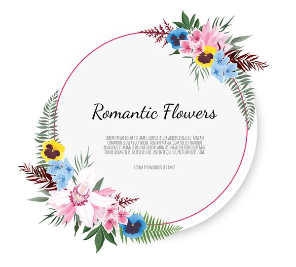ベクトルフラワーデザインカード。挨拶、はがきの結婚式招待テンプレート。バラとアネモネとエレガントなフレーム — ストックベクタ