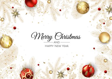 Mutlu Noeller ve mutlu yıllar. Noktalı Xmas arkaplanı, kar taneleri, yıldız ve top tasarımı.