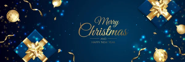 Frohe Weihnachten und ein gutes neues Jahr Feiertag weiße Banner Illustration. Weihnachtsdesign mit realistischen Vektor-3D-Objekten, goldener Weihnachtskugel, Schneeflocke, glitzerndem Goldkonfetti. — Stockvektor