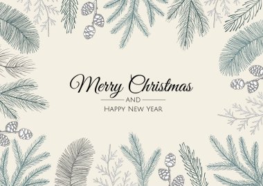 Noel tebrik kartı ve yeni yıl ağacı. Vektör tatil illüstrasyonu.