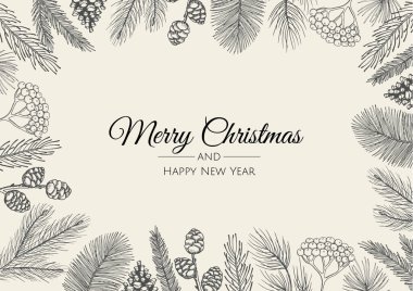 Noel tebrik kartı ve yeni yıl ağacı. Vektör tatil illüstrasyonu.