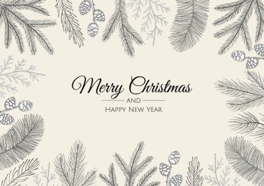 Noel tebrik kartı ve yeni yıl ağacı. Vektör tatil illüstrasyonu.