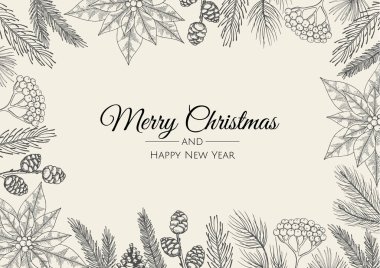 Noel tebrik kartı ve yeni yıl ağacı. Vektör tatil illüstrasyonu.