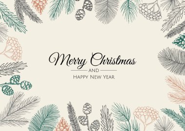 Çam dalları ve konileri olan güzel bir çerçeve. El çizimi vektör illüstrasyonu.