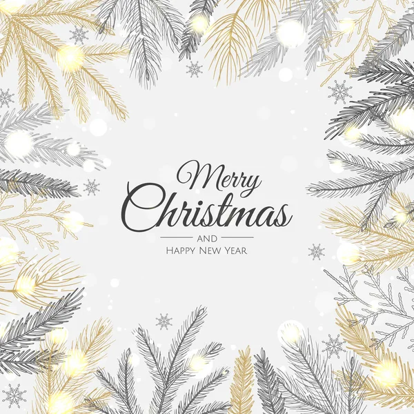Καλά Χριστούγεννα και Καλή Χρονιά. Χριστούγεννα φόντο με νιφάδες χιονιού, αστέρι και μπάλες σχεδιασμό. — Διανυσματικό Αρχείο