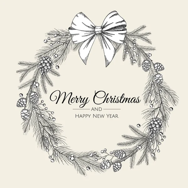 Χειροποίητο Χριστουγεννιάτικο στεφάνι δέντρου με λευκό φιόγκο. Εικονογράφηση διανυσματικών διακοπών. — Διανυσματικό Αρχείο