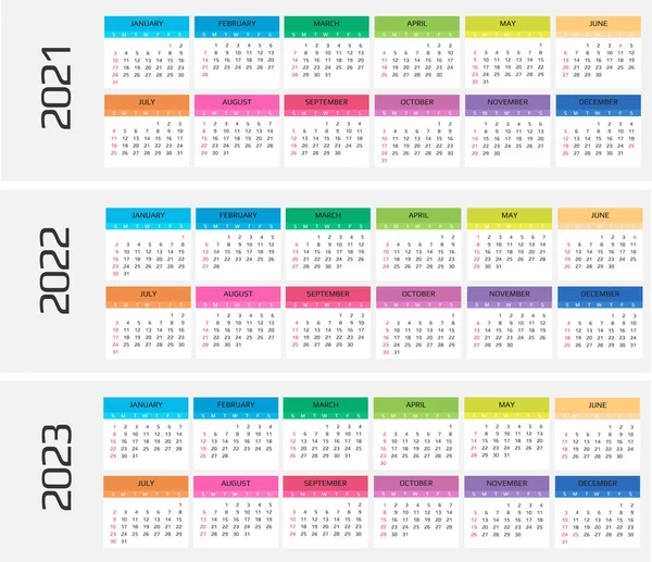 Modelo do calendário 2021 e 2022,2023. 12 meses. incluem evento de férias — Vetor de Stock