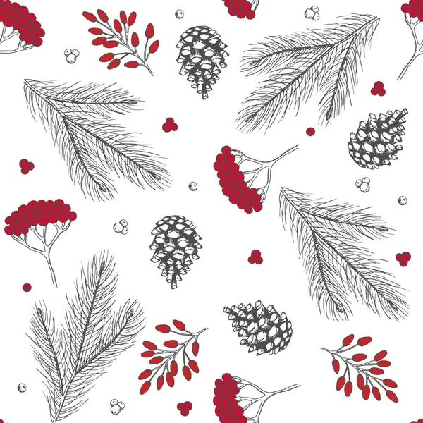 Xmas naadloos patroon met kerstboom decoraties, dennen takken hand getekend kunst design vector illustratie. — Stockvector