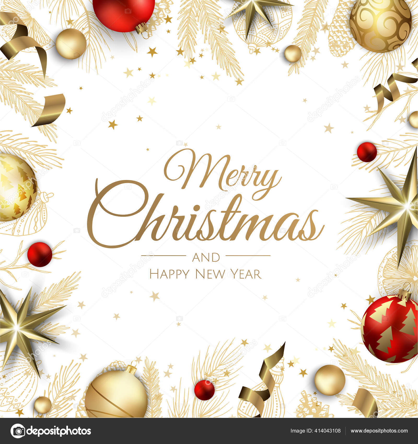 Merry Christmas and Happy New Year Holiday white banner illustration. Xmas  design with realistic vector 3d objects, golden christmass ball, snowflake,  glitter gold confetti. Stock Vector by ©Anasteisha 414043108, image size:1600x1700