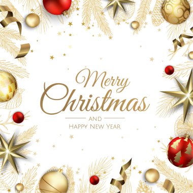 Mutlu Noeller ve mutlu yıllar beyaz afiş resimleri. Gerçekçi vektör 3 boyutlu Xmas tasarımı, altın noel balosu, kar tanesi, parıltılı altın konfeti.