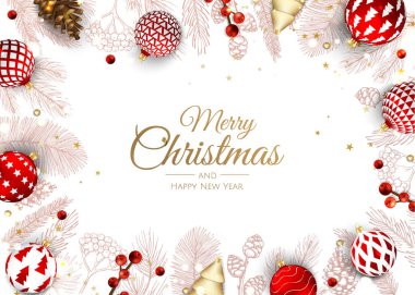 Mutlu Noeller ve mutlu yıllar. Noktalı Xmas arkaplanı, kar taneleri, yıldız ve top tasarımı.