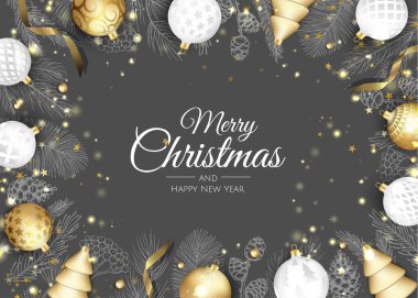 Noel tebrik kartı ve yeni yıl ağacı. Vektör tatil illüstrasyonu.