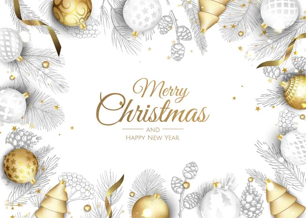 Merry Christmas and Happy New Year Holiday white banner illustration. Xmas design with realistic vector 3d objects, golden christmass ball, snowflake, glitter gold confetti. — Stock Vector