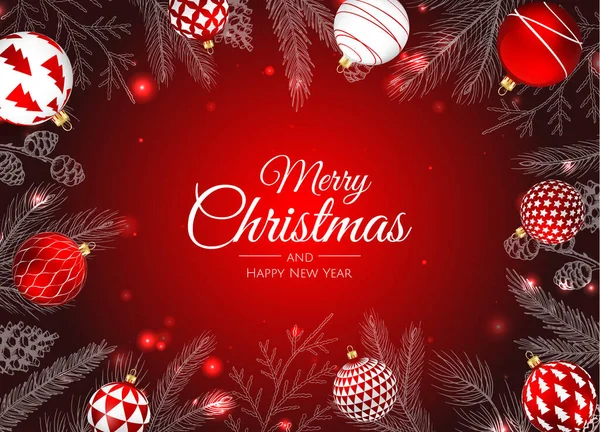 Joyeux Noël et bonne année. Fond de Noël avec poinsettia, flocons de neige, étoile et boules design. — Image vectorielle