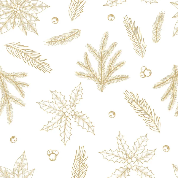 Patrón inconsútil de Navidad con decoraciones de árboles de Navidad, ilustración de vectores de diseño de arte dibujado a mano de ramas de pino. — Vector de stock