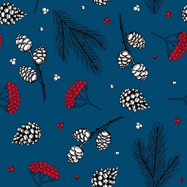 Vintage karácsonyi vektor illusztráció. Zökkenőmentes minta kézzel rajzolt téli s virágok és kúpok, Xmas fa. — Stock Vector