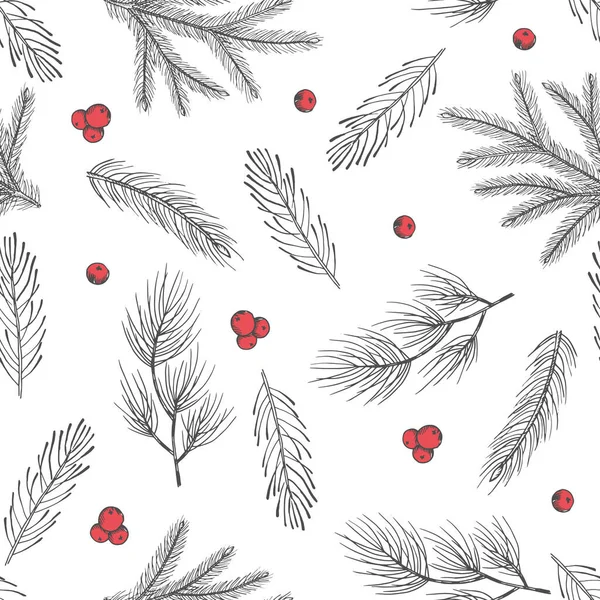 Patrón inconsútil de Navidad con decoraciones de árboles de Navidad, ilustración de vectores de diseño de arte dibujado a mano de ramas de pino. — Archivo Imágenes Vectoriales